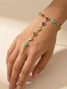 Elegant Gold-Tone Adjustable Faux Pearl Beaded Finger Ring, Bracelet, Crystal Zirconia Bracelet Jewelry Gift For Women - Multicolor - View 2