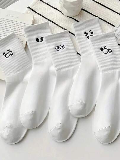 5 Pairs Of Double-Expression Socks, Soft White Socks, Suitable For Casual Wear In Spring And Autumn Seasons, Featuring Cute Cartoon Patterns, Suitable For Daily Use In Daily Life, Home Wear Socks, With Cute Smiling Face Patterns, Suitable For Fitness, Running And Daily Wear,Socks Women,Gym White Socks,Spring,Long Socks