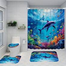 1/4件套海豚图案浴帘和地垫，蓝色海洋海底世界浴帘，涤纶防水浴帘带12个挂钩，浴室地垫，U型马桶垫，马桶盖套 - A - 查看 2