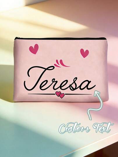 1pc Printed With A Heart-Shaped Pattern And Customized Name Makeup Bag, Customizable To Your Exclusive Design, Storage Bag, Toiletry Bag, Handbag, Also Perfect For Coin Purse, Pencil Case, Girl'S Gift, Lightweight Foldable Storage Bag,New Year Glamour