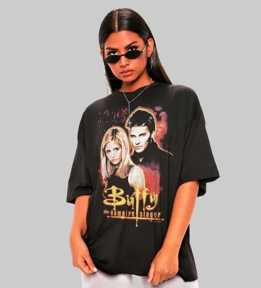 Plus Size-Funny Men's And Women's Round Neck T-Shirt Women's Fashion T-Buffy The Vampire Slayer Graphic Tee, Buffy & Angel - 黑色 - 查看 1