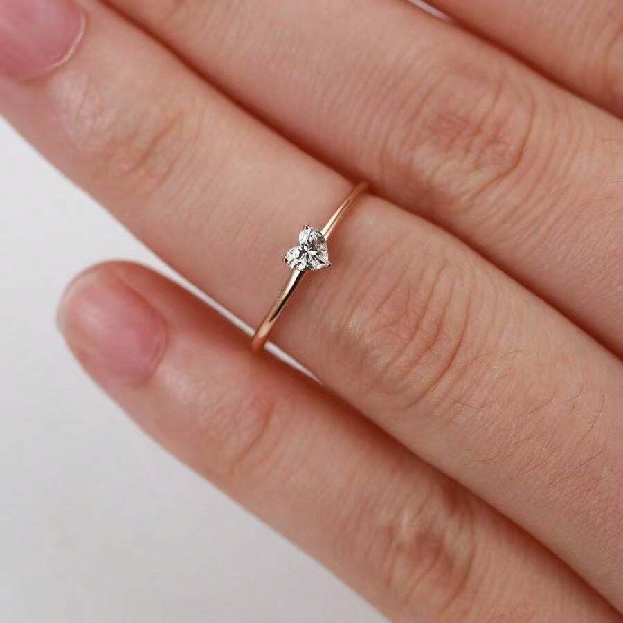 1枚女士精致心形黄金结婚/订婚戒指，锆石浪漫时尚首饰 - 玫瑰金 - 查看 1