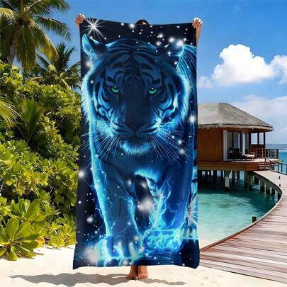 Dreamy Blue Tiger Starlight Quick Dry Beach Towel, Summer Travel Holiday Essential, Microfiber Towel For Beach Camping, Must Have Beach Gear For Vacation, Super Absorbent Soft Towel, Perfect For Summer Trips, Beach Essentials, Camping Equipment, Holiday Must Haves, Stylish Blue Tiger Pattern Towel, Ideal For Beach Days Camping Trips Summer Adventures, Lightweight Quick Dry Microfiber Towel, Premium Summer Travel Accessory