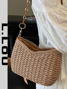 New Summer Niche Design Straw Underarm Beach Bag, Chain Minimalist Fashion Handwoven Shoulder Bag - Khaki - View 2