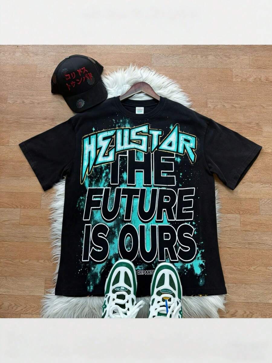 Hellstars The Future Is Ours Teal Splash Y2K Graphic T-Shirt,220g 100% Cotton,Round Neck Short Sleeve,Black Streetwear Essential For Summer Going Out,Unisex Style - Black - View 1