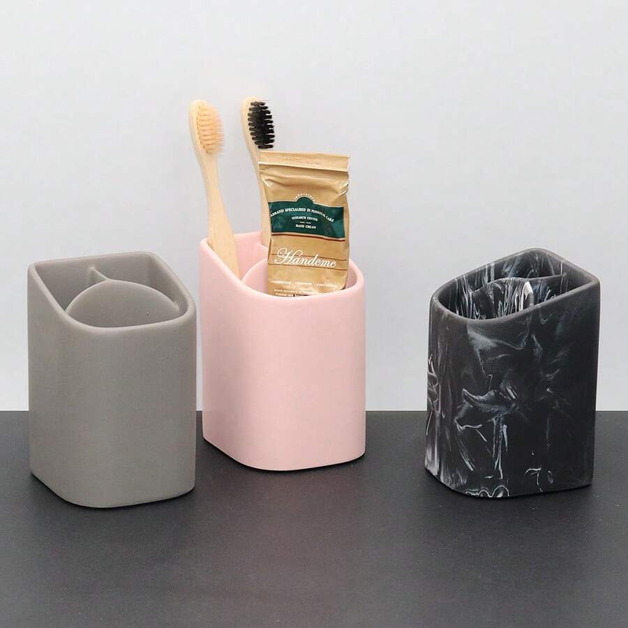 Toothbrush Holder And Toothpaste Holder, Resin Irregular Toothbrush Holder With 3 Compartments, Used To Store Toothbrush, Toothpaste And Other Small Items, Can Also Hold Combs, Multi-Functional - Black - View 1