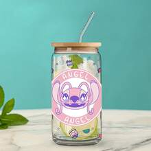 Disney 1pc 16oz Glass Cup With Cute Angel Pattern, Comes With Lid And Straw, Multi-Purpose Water Bottle, Boxed With Anti-Counterfeit Code - Angie - View 2