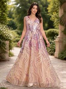 Romagic Vestido largo con lentejuelas sin mangas, cuello en V, espalda descubierta, cordones y silueta evasé, elegante vestido de gala para primavera y verano - Púrpura malva - Ver 1