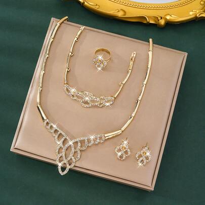5件套奢华全钻女士结婚首饰套装，镀金镂空项链、手链、水滴耳环、可调节戒指，派对首饰套装