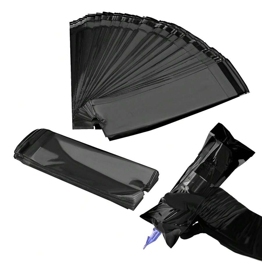 100个装，尺寸为6.4厘米宽 x 22厘米长，半透明PVC纹身机袋，带自粘封口，黑色 - 黑色 - 查看 1