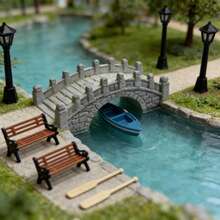 Bộ mô hình nhà vườn thu nhỏ, trang trí nhà búp bê, trang trí bàn tiệc cưới, thiết kế kiến trúc bằng nhựa, bao gồm cột đèn, ghế đá, thuyền và cầu. - B - Xem 2