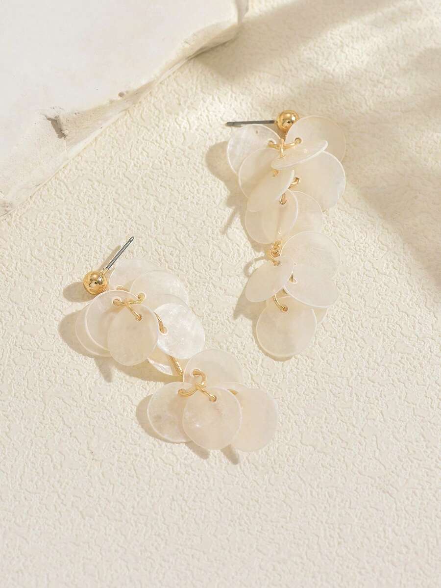 女士白色贝壳吊坠耳环，金色贝壳亮片水滴耳环，波西米亚多层贝壳首饰