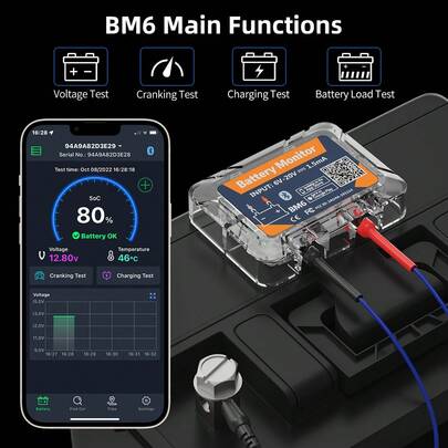 Foxwell BM6 Wireless Bluetooth 4.0 12V Battery Monitor, Automotive Battery Health Tester With APP Monitoring, Cranking & Charging Test For Android IOS, Fit For Car SUV RV Motorcycle Truck Boat