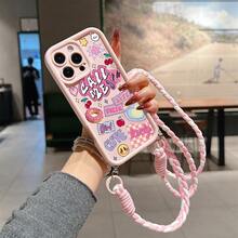 一套手工编织挂绳+可爱图案TPU粉色手机壳，适合作为情侣、女友、女儿、青少年的生日和圣诞礼物 - 粉色 - 查看 1