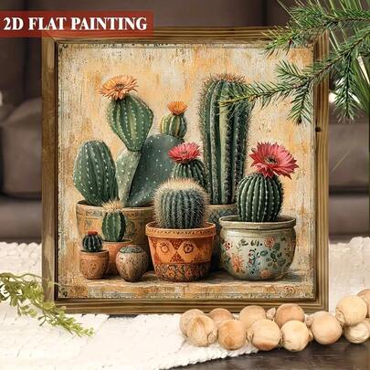 单件装仙人掌花木质墙饰牌，复古风格仙人掌家居装饰，适用于花园、露台、咖啡馆、酒吧 - 礼品创意，桌面和墙面装饰，户外花园装饰