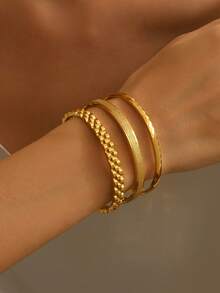 3pcs Set Stainless Steel Clover Cubic Zirconia Bangle Bracelet, Minimalist Sparkling Bracelets Suitable For Daily Wear, Fashion Jewelry Mix And Match - Yellow Gold - View 2