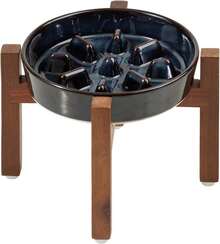 Ceramic Raised Slow Feeder Dog Bowl Set With Acacia Wood Stand - 1 x 星空 + 支架 - C - 查看 1