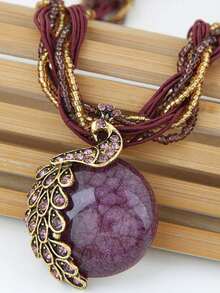 1pc Fashionable Peacock Pendant Necklace, Boho Style Tassel Retro Necklace With Beads For Women - Green - View 4