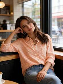 Women's Striped Long-Sleeved Shirt - Naranja - Ver 1