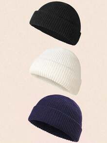 3pcs/Set Men's Fashionable Solid Color Beanie Hats, Knitted Warm Casual Hats Suitable For Autumn/Winter - 3pcs - View 10