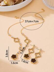 1 set elegant de lux strălucitor auriu cu trifoi gol și pandantiv floral roz dulce colier și cercei set de bijuterii pentru femei - Maro - Vizualizare 6