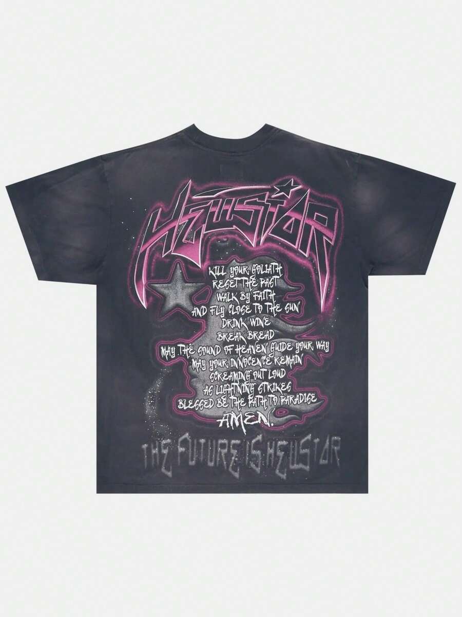 Hellstars Future Prayer Back Print Y2K Graphic T-Shirt,220g 100% Cotton,Round Neck Short Sleeve,Black Streetwear Essential For Summer Going Out,Unisex Style - 黑色 - 查看 1