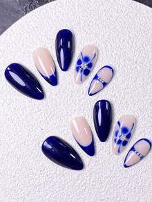 10片手工按压式美甲贴片，短款美甲，假指甲，法式美甲贴片，杏仁形美甲，海军蓝美甲，裸色美甲，极简美甲，新款中式美甲，新年美甲，手绘中式四瓣花，银色水钻和珠子装饰，包含美甲工具，快速佩戴和卸除，适合女性和女孩的杏仁形美甲贴片 - 藏蓝色 - 查看 6
