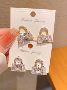 2pcs Luxury Micro-Inlaid Zirconia Handbag Shaped Earrings, Elegant Daily Wear Earrings For Women - Fashion Earrings - View 2