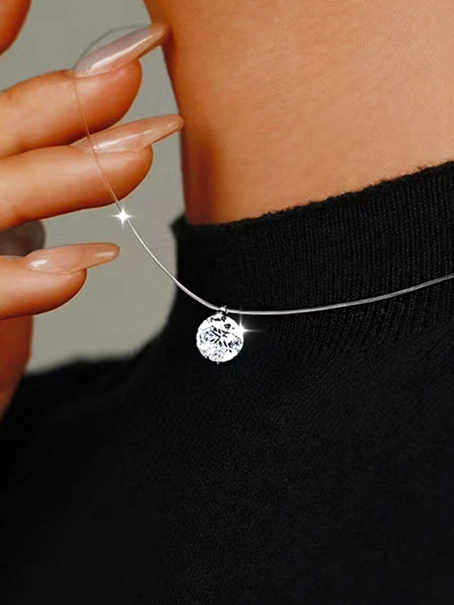 1件女士时尚项链，透明鱼线美人鱼泪滴立方氧化锆吊坠项链，低过敏性，优雅百搭新款，适合日常佩戴、度假、情人节、生日、母亲节礼物，银色项链 - Circle - 查看 1