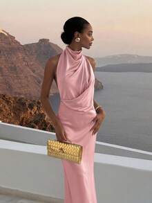 Basrey Vestido formal de color rosa sólido con cintura anudada y espalda descubierta de largo medio, adecuado para banquetes formales, bodas, fiestas y citas - Rosa vieja - Ver 5