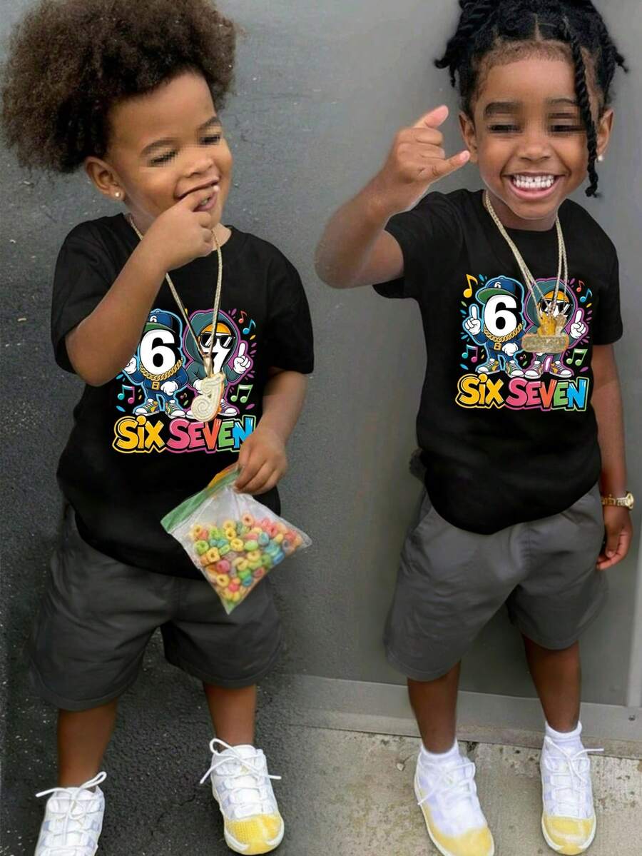 2pcs/Set Toddler Casual Cartoon Print Round Neck Short Sleeve T-Shirt + Cargo Pants Set, Comfortable Leisure, New Summer Collection - Black - View 1