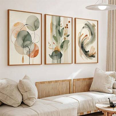 Modern Abstract Beige & Sage Watercolor Wall Art Poster, Botanical And Geometric Plant Prints For Living Room Decor, Japandi Zen Wall Decor, Minimalist Posters, Nature Inspired Home Decoration, Canvas Art For Living Room Bedroom, Office, Dorm, Room Home Decor Optional Frame