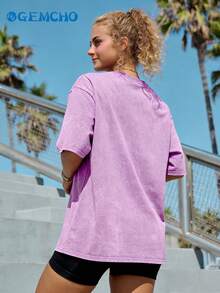 GEMCHO Women's Casual Printed Short Sleeve T-Shirt Sports Summer - Purple - View 3