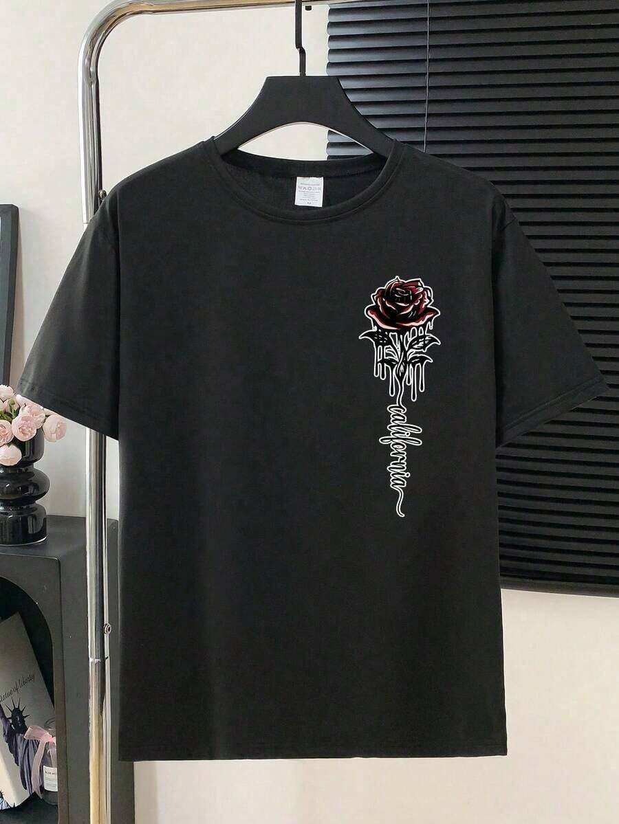 Men's Casual Short Sleeve Crew Neck T-Shirt With Letter And Rose Print, Popular Christmas Item - Black - View 1