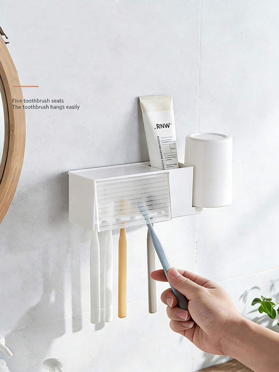 1 hộp đựng bàn chải đánh răng bằng nhựa 5 ngăn có nắp đậy, giá đựng bàn chải đánh răng gắn tường tự dính không cần khoan, hộp đựng bàn chải và kem đánh răng cho phòng tắm, mùa tựu trường.