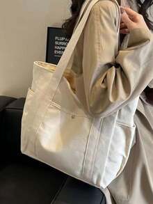 X Milania Women's Multi-Pocket Canvas Tote Bag, Large Capacity, Reusable, Canvas Tote Bag, Suitable For Daily Use And Travel, Student Handbag, Multi-Compartment Design, Ideal For Beach Use , Beach Bag , Office - 白色 - 查看 2