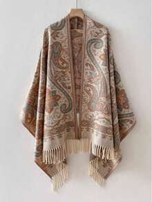 1pc Paisley Pattern Thick Warm Scarf With Tassels, Bohemian Style Shawl, Versatile Elegant Daily Wear - Beige - View 1