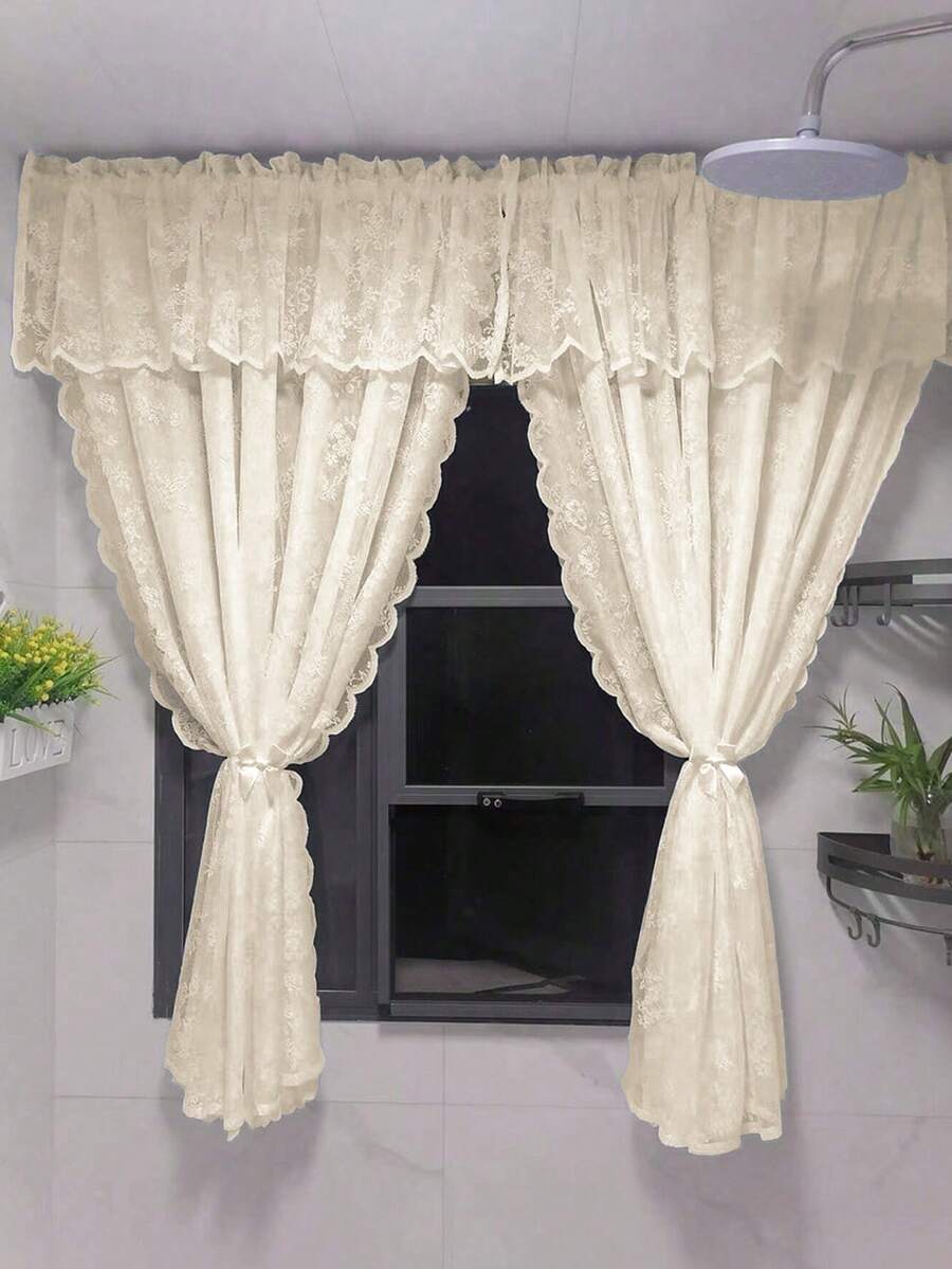 1pc Beige Lace Trim Curtain Panel, Comfortable Floral Pattern Semi-Sheer Bohemian Style Room Divider Curtain, Decorative Window Curtain For Bedroom, Living Room, Home Decor, Suitable For All Seasons (Tie-Backs Not Included) - Multicolor - View 1