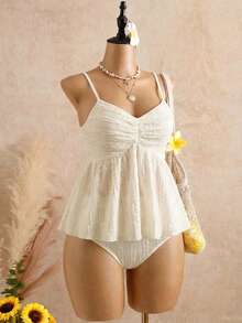 Áo bikini hai dây màu mơ, chất liệu dệt kim, viền bèo nhún, eo chun, kiểu dáng thanh lịch dành cho nữ mùa hè, đi biển, nghỉ mát, dự tiệc và mặc thường ngày. - Màu be - Xem 3