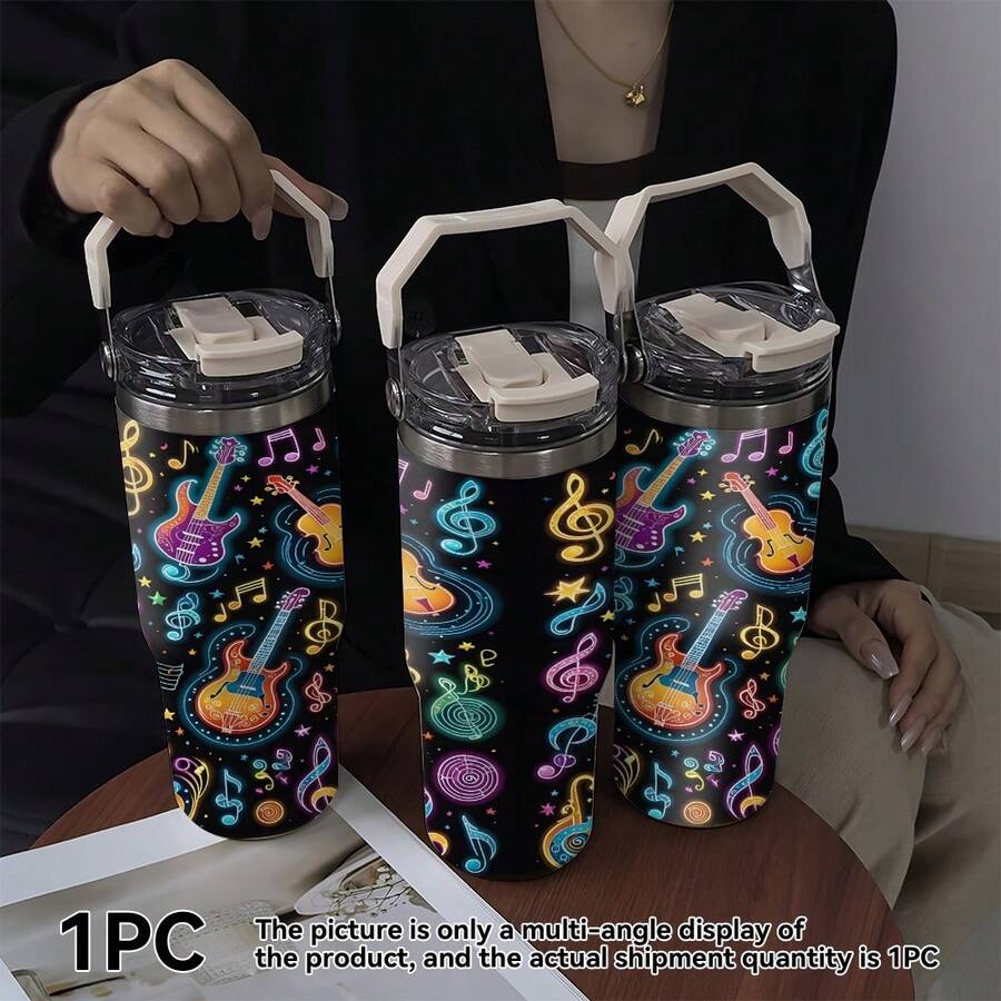 1pc/5pcs 30oz Neon Guitar Stainless Steel Insulated Car Mug. Perfect For Coachella, Back To School, Independence Day, Themed Parties, Birthdays, And Holidays. Features A Neon Guitar Dog Print. Insulates Both Hot And Cold Drinks, Combining Stylish Design With Practical Function To Meet Daily Hydration Needs. Equipped With A Convenient Carrying Handle. - Multicolor - View 1