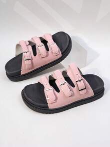 1 Pair Girls' Beige Suede Multi-Buckle Thick-Soled Non-Slip Slide Sandals For Everyday Casual Use - Pink - View 5