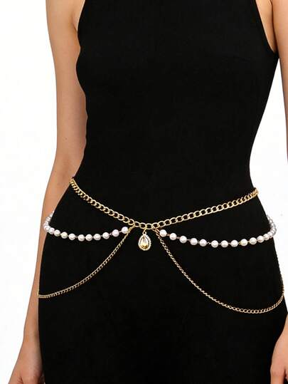 1pc Women's Fashionable Minimalist Multi-Layer Metal Waist Chain, Jewelry Accessory, Versatile To Pair With Dresses, Pearl Chain Body Jewelry