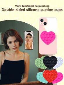1pc Creative Double-Sided Heart Shaped Strong Silicone Suction Cup Phone Case, Adjustable Non-Slip Portable Silicone Suction Cup Phone Holder, Compatible With Android Phones, Birthday Gift Phone Accessory - Multicolor - View 3