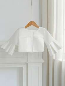 Áo khoác choàng satin trắng cho bé gái, kiểu dáng tối giản, đa năng, phù hợp để phối cùng váy, đầm công chúa, dự tiệc sinh nhật, đám cưới, các cuộc thi sắc đẹp, biểu diễn sân khấu và mặc hàng ngày. - trắng - Xem 5