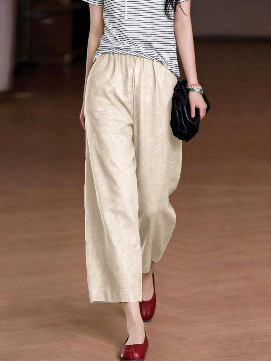 Quần ống rộng bằng vải lanh màu trắng, kiểu dáng bohemian, cạp chun, có túi, dành cho nữ, thích hợp cho mùa hè. - Màu be - Xem 1