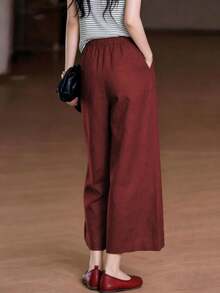 Women's Casual Bohemian Style White Elastic Waist Pocket Linen Wide Leg Pants, Summer Spring - Red - View 3