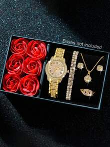 女士腕表，优雅时尚，圆形表盘镶嵌水钻，石英表套装，包含项链、手链、耳环和戒指，是日常佩戴、生日礼物、返校季、感恩节、情侣场合的理想之选。（不含表盒） - 金色 - 查看 11