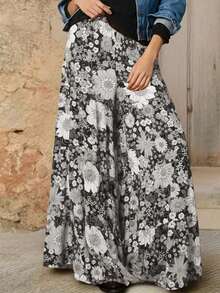Pantaloni larghi a gamba ampia con stampa floreale per donne taglia comoda, eleganti con tasche, stile campagnolo adatto per vacanze, casual per uso quotidiano, adatti per tutte le stagioni, pantaloni romantici primaverili - Grigio - Visualizzare 1