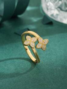 Bông tai hình hoa đính đá Cubic Zirconia thanh lịch - Nhẫn hình bướm đính đá Cubic Zirconia có thể điều chỉnh kích thước thời trang - Nhẫn hở hình hoa đôi sang trọng duyên dáng. - Vàng - Xem 11