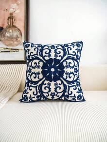 1/2pcs Floral Embroidered Decorative Pillow Covers, Multiple Sizes Available, Suitable For Various Rooms (Without Pillow Insert) - Beige Base Fabric With Blue Embroidery 1150 - View 5